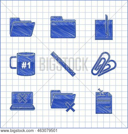 Set Ruler, Delete Folder, Note Paper With Pinned Pushbutton, Paper Clip, Laptop And Cross Mark Scree