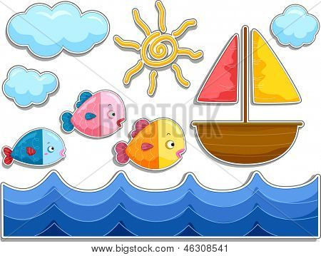 Abbildung von Fischen, Segelboot und Meer-Aufkleber-Designs