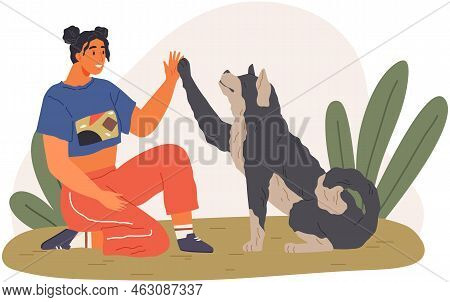 Female Pet Owner Plays With Dog. Caring For Four-footed Friend Concept. Happy Lady With Puppy, Domes