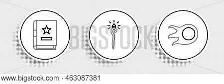 Set Line Fireball, Ancient Magic Book And Magic Staff Icon. Vector