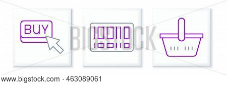 Set Line Shopping Basket, Buy Button And Barcode Icon. Vector