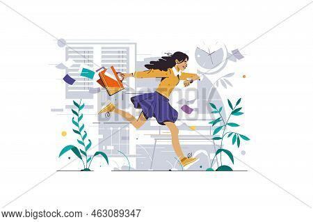 Girl Run In Hurry To Work, Looking For The Watch And Run