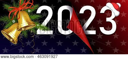 Happy New Year 2023, Christmas Composition Folded Sheet With Stars, Golden Bells.