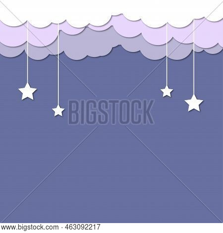 Night Sky Clouds Round Frame With Stars On Rope In Paper Cut Style. Cut Out 3d