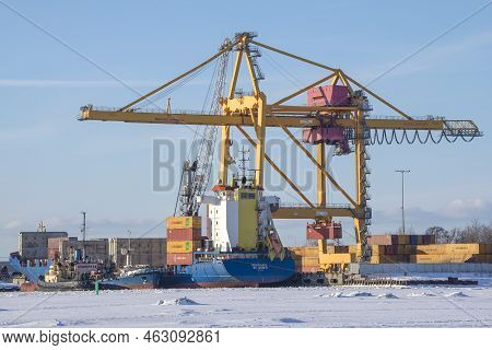 Kronshtadt, Russia - March 05, 2018: Loading Of Container Ship In Moby Dick Cargo Terminal On March 