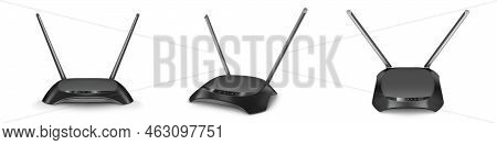 Wifi Router Front, Top, Angle And Side View Mockup, Black Home Device With Two Antennas, Glow Blue I