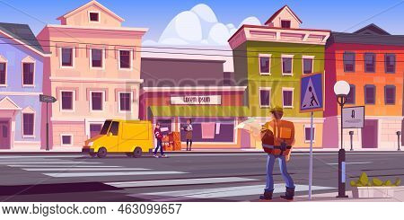 Traveler Man With Map And Backpack On Retro City Street With Antique Buildings And Porter Unload Car