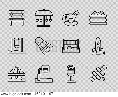 Set Line Attraction Carousel, Hopscotch, Horse In Saddle Swing, Basketball Backboard, Bench, Badmint