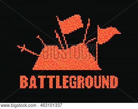 Medieval Battleground In Pixel Art Style. Battlefield In The Style Of 80s Video Game 8-bit Graphics.