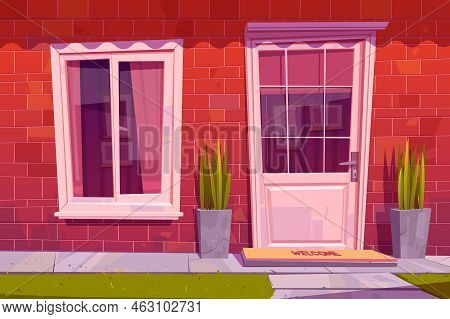 Cottage House Facade Front View, Home Building Exterior Of Red Brick With Window, Door And Welcome R