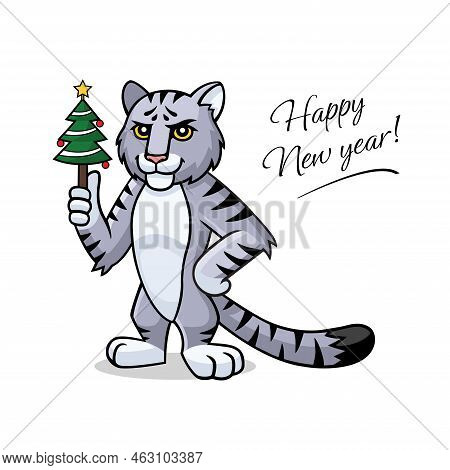 Vector Cartoon Cat. Character, Mascot, Symbol, Sign Of Chinese New Year. Cat Is Holding In Hand Chis