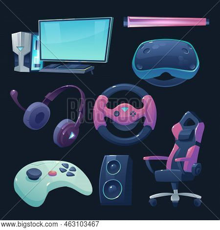 Gamer Room Stuff Computer Monitor With Keyboard, Vr Glasses, Steering Wheel And Joystick With Armcha