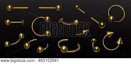 Set Of Gold Piercing Jewelry, Metal Pierce Rings, Barbell With Balls And Cones For Face And Body Dec