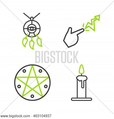 Set Line Burning Candle In Candlestick, Pentagram Circle, Spell And Dream Catcher With Feathers Icon