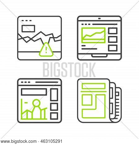 Set Line Stock Market News, Website With Growth Graph, Trading Courses And Failure Stocks Icon. Vect