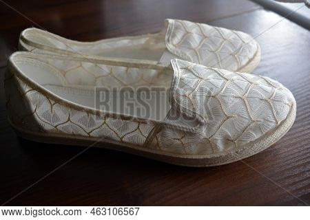 Women\'s Summer Shoes Made Of Natural Woven Fabric With White Flat Soles. White Light Fashionable An