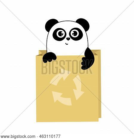 Cute Cartoon Panda In Eco Bag And Recykling Sign. Funny Character For Your Design. Green Energy Conc