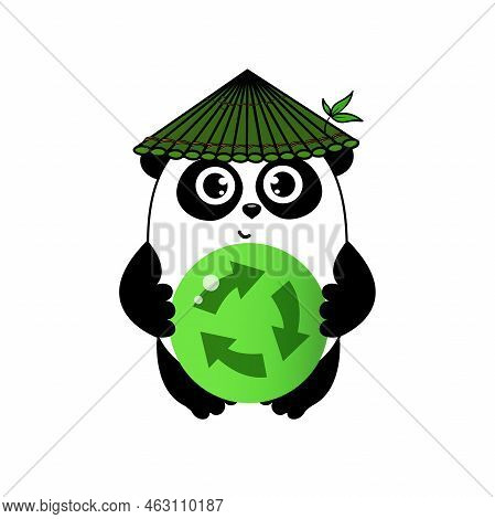 Cute Cartoon Panda In Bamboo Hat With Eco Banner And Recykling Sign. Funny Character For Your Design