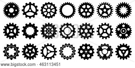 Collection Of Mechanical Cogwheels. 21 Small And Large Gears. Black Silhouette Sprocket Icon Design 