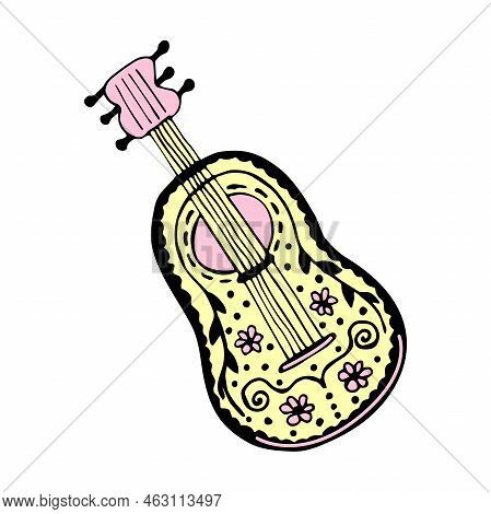 Mexican Guitarron, Cute Colorful Doodle Isolated On White