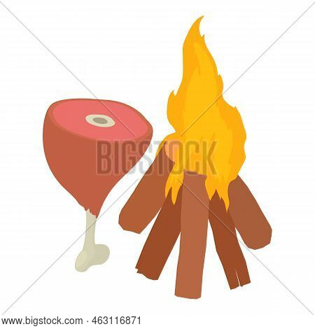 Ancient Fire Icon Isometric Vector. Process Of Cooking Raw Meat At Bonfire Icon. Mastering Fire, Evo