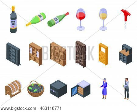 Wine Cellar Icons Set Isometric Vector. Keg Barrel. Tank Alcohol