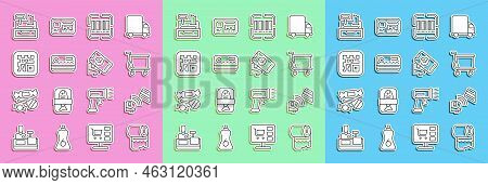 Set Line Toilet Paper Roll, Pos Terminal With Credit Card, Shopping Cart, Scanner Scanning Bar Code,