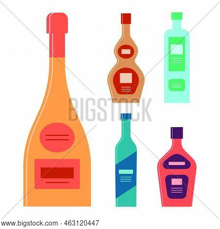 Bottle Of Champagne Cognac Schnapps Vodka Liquor. Icon Bottle With Cap And Label. Graphic Design For