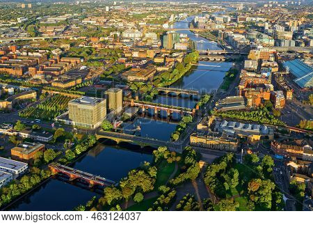 Aerial View Of The River Clyde And Glasgow City During Oncoming Storm