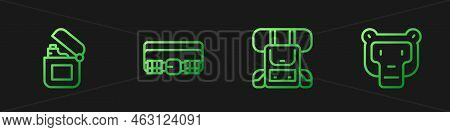 Set Line Hiking Backpack, Lighter, Hunting Cartridge Belt And Monkey. Gradient Color Icons. Vector