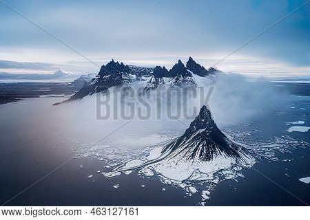 Drone Aerial Shot Of Eystrahorn, Mountains In Iceland During