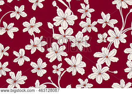 Hand Drawn Abstract Ditsy Flowers Seamless Pattern On Red.