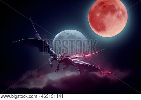 Silver Dragon Flying, Clouds, Silver Moon, Red Moon, Mist And Stars