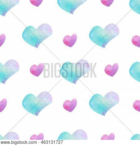 Seamless Pattern With Watercolor Hearts. Isolated Objects Perfect For Valentine's Day Card Or Romant