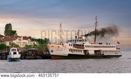 Istanbul, Turkey - August 25, 2022: Modern Ferry Boat Departing Kinaliada Island Ferry Terminal In M