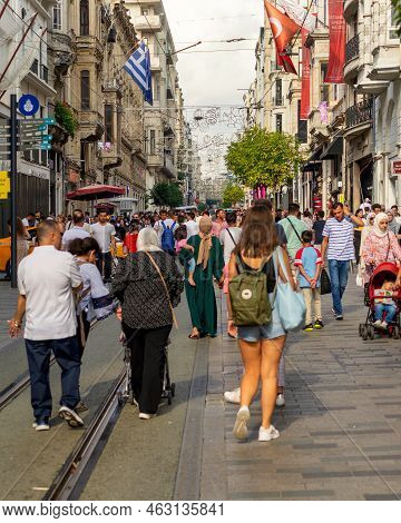 Istanbul, Turkey - August 25, 2022: Crowded Istiklal Street Or Istiklal Caddesi, In A Summer Day, Lo