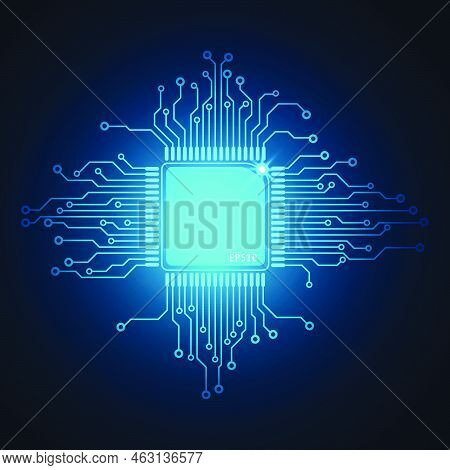 Blue Technological Microprocessor Vector Background. Abstract Cpu Chip With Circuit Board Connection