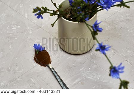 A Spoon With Chicory Flower And Chicory Powder And Chicory Flowers In A Coffee Mug