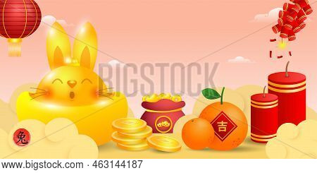 Happy Chinese New Year 2023 Greeting Card Year Of The Rabbit Zodiac, Bunny Glod Ingot Gong Xi Fa Cai