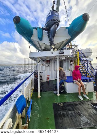 Magheraroarty, County Donegal, Ireland - August 25 2022 : The Ferry Is Driving Through Rough Sea Bet