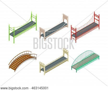 Fixed Bridges Made Of Wood And Metal With Beam And Arch Bridge Isometric Vector Set