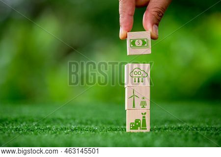 Net Zero Greenhouse Gas Emissions Reduction With Carbon Credit Concept. Reduce Carbon Dioxide E.g. R