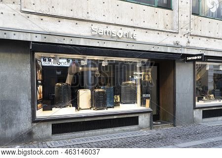 Copenhagen, Denmark. October 2022. External View Of The Samsonite Brand Store In The City Center