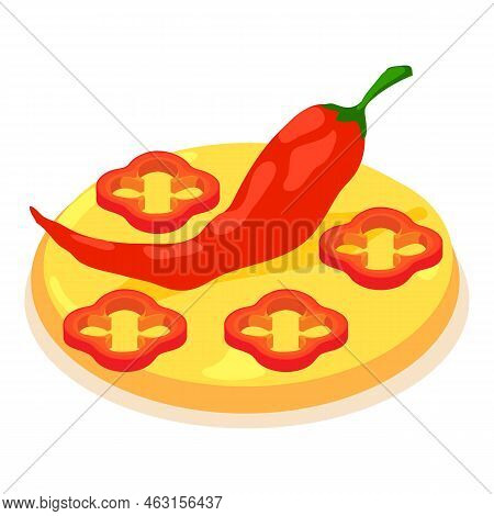 Pepper Pizza Icon Isometric Vector. Fresh Pizza With Pepper On Round Wood Plate. Italian Cuisine, He