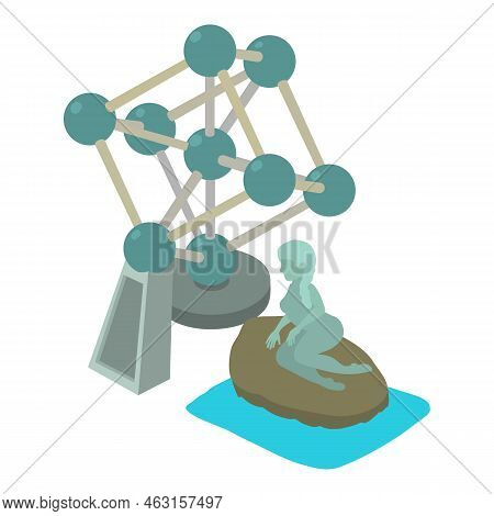 Belgium Landmark Icon Isometric Vector. Brussel Atomium And Mermaid Sculpture. Belgium Travel Destin
