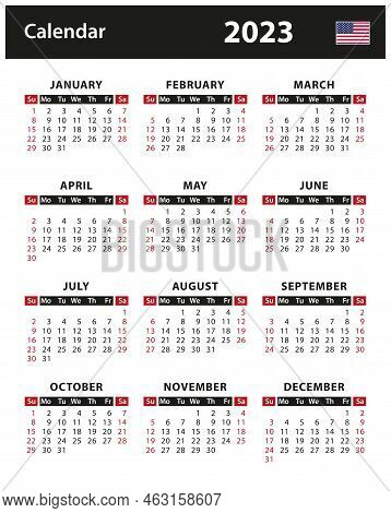 2023 Calendar - Vector Stock Illustration. English American Version