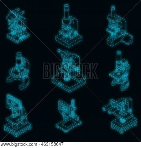 Microscope Icon Set. Isometric Set Of Microscope Vector Icons Neon Color On Black
