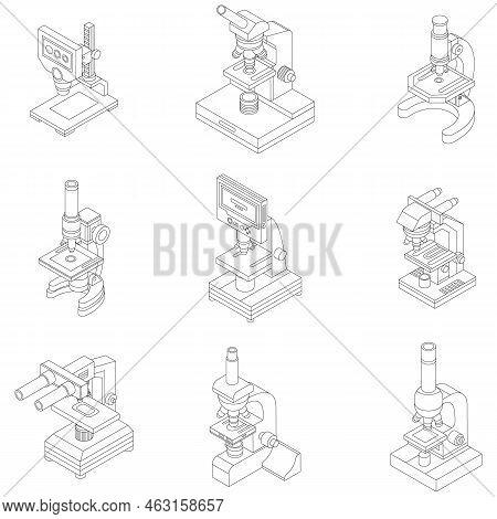 Microscope Icon Set. Isometric Set Of Microscope Vector Icons Outline Thin Lne Isolated On White