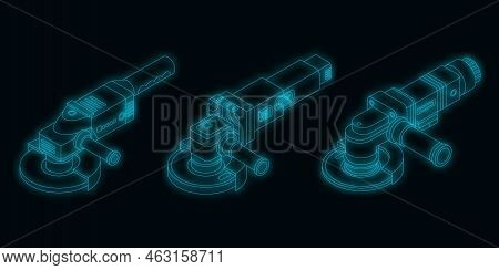 Angle Grinder Icons Set. Isometric Set Of Angle Grinder Vector Icons Neon Color On Black