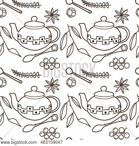 Contur Vector Seamless Pattern On The Cups And Teapot F